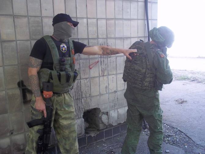 Left: Spetsnaz insignia and neo-Nazi runic tattoos, Right: Man in Russian military issue uniform