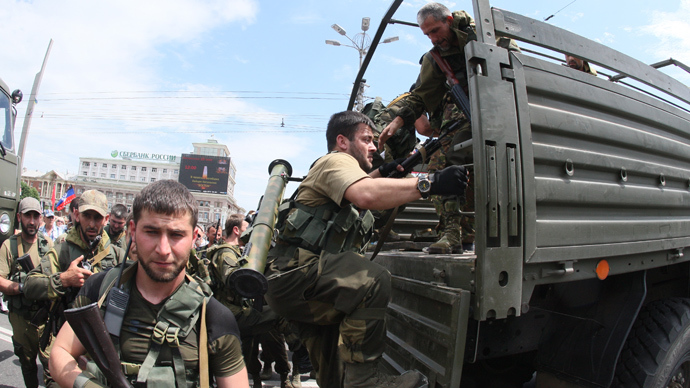 One of Ramzan Kadyrov's military units from Chechnya sent to fight for Putin in his hybrid war against Ukraine in the Donbas. Russia-occupied Donetsk, Ukraine, 2014
