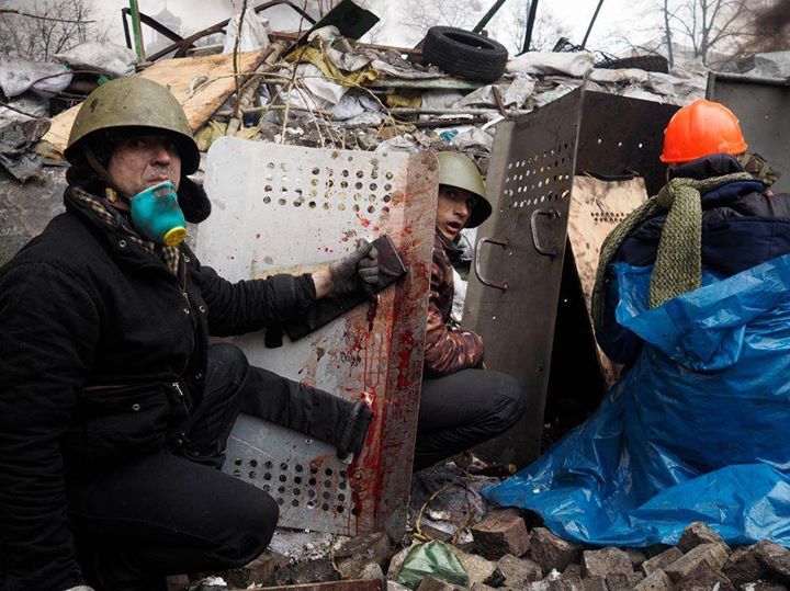 Euromaidan protesters braved bullets from the criminal regime of Yanukovich. Over 100 people were killed (the Heavenly Hundred). Andriy Yurkevych middle.