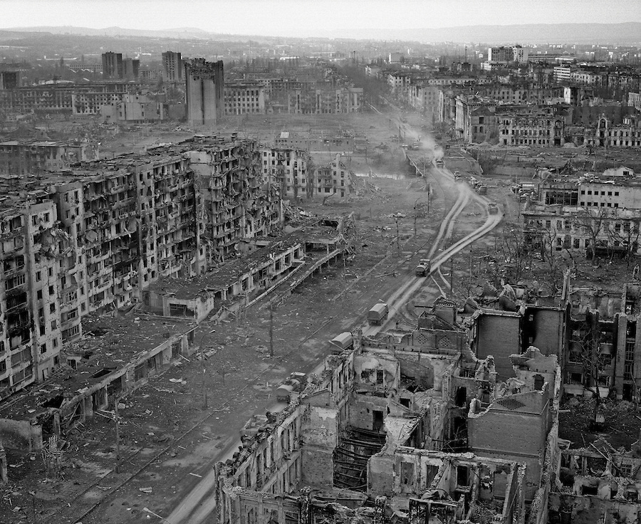 The ruins of the city of Grozny after Russian artillery shelling and airplane bombing in effort to exterminate the defenders of the capitol of rebellious Chechnya during the Second Chechen War. March 1995