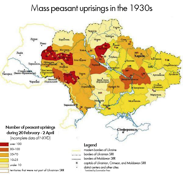 Peasant Mass Protests 1930. Regions with most protests for one month of March, 1930: Shepetivska -251, Tulchynska - 146, Berdychivska - 130, Prylutska - 107, Shevchenkivska - 92, Dnipropetrovska - 81, Vinnytska - 68, Kyivska - 62, Proskurivska - 61, Bilotserkivska - 60