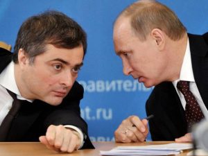 Vladimir Putin with one of his top propagandists and his point man for Ukraine Vladislav Surkov