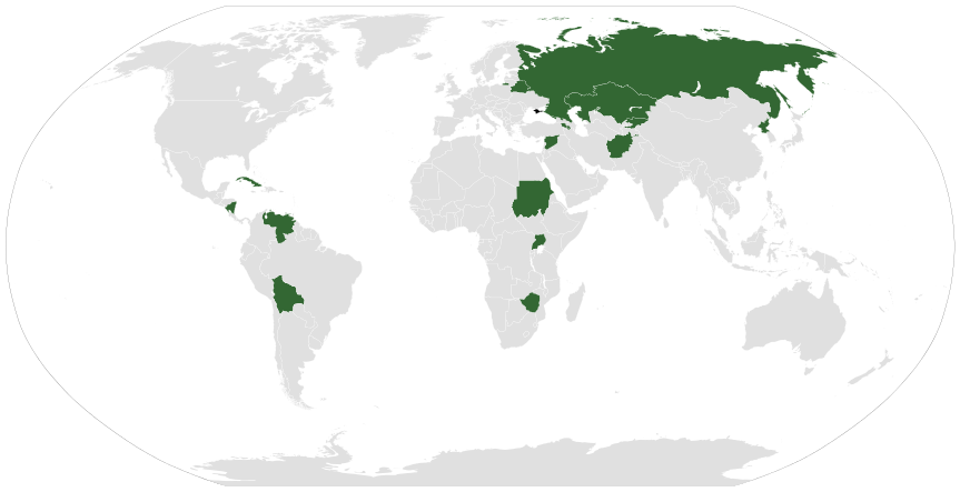 Countries recognizing the results of the 2014 Crimean referendum and Crimea's status within Russia. http://en.wikipedia.org/wiki/Political_status_of_Crimea