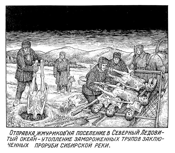 Guards disposing of corpses of executed GULAG prisoners in a frozen Siberian river ("Drawings from the GULAG" by Danzig Baldaev, a former NKVD guard)