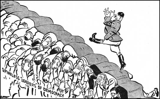 Hitler walking over the spineless leaders of democracy by British cartoonist David Low