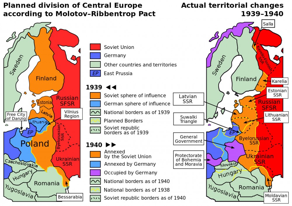 Planned and actual territorial changes in Central Europe 1939–1940. Image from wikipedia