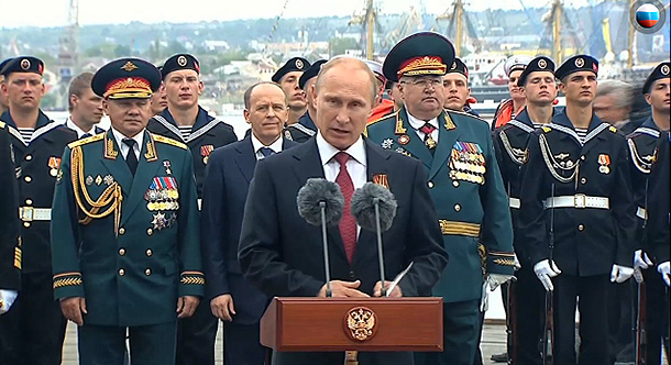 Putin speaking in occupied Sevastopol on the anniversary of the WW2 Victory Day to celebrate Russia's annexation of the Crimean peninsula from Ukraine conducted by his military and special forces two months earlier. May 9, 2014 (Image: kremlin.ru)