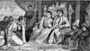 Alexander Nevsky, the ruler of Muscovy (Grand Principality of Moscow) submitting to Batu Khan, a grandson of Genghis Khan and the ruler of the Golden Horde, at the Mongol khan's court. Muscovy was a late medieval Rus' principality centered on Moscow and the predecessor state of the early modern Tsardom of Russia.