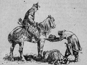 Mongol warriors presenting the head of a conquered nobility to their commander