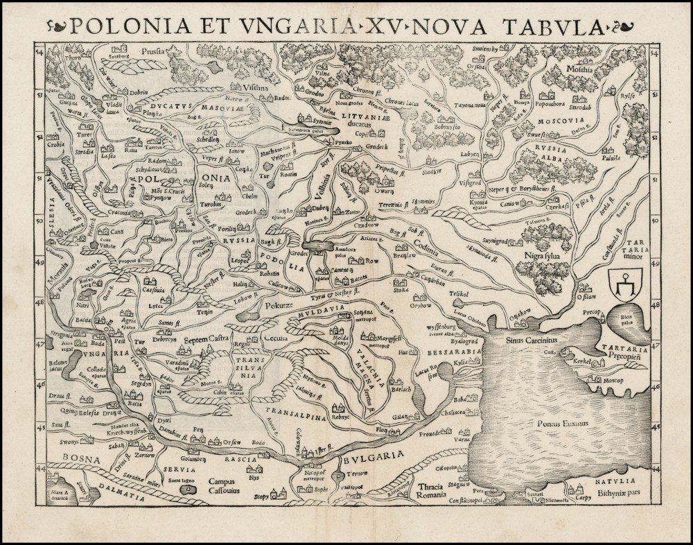 Map of Poland and Hungary by Sebastian Munster, 1550. The map shows "Russia" for Ukraine, "Russia Alba" for Belarus, while the Moscow Princedom is called "Moscovia." (Source: karty.by)
