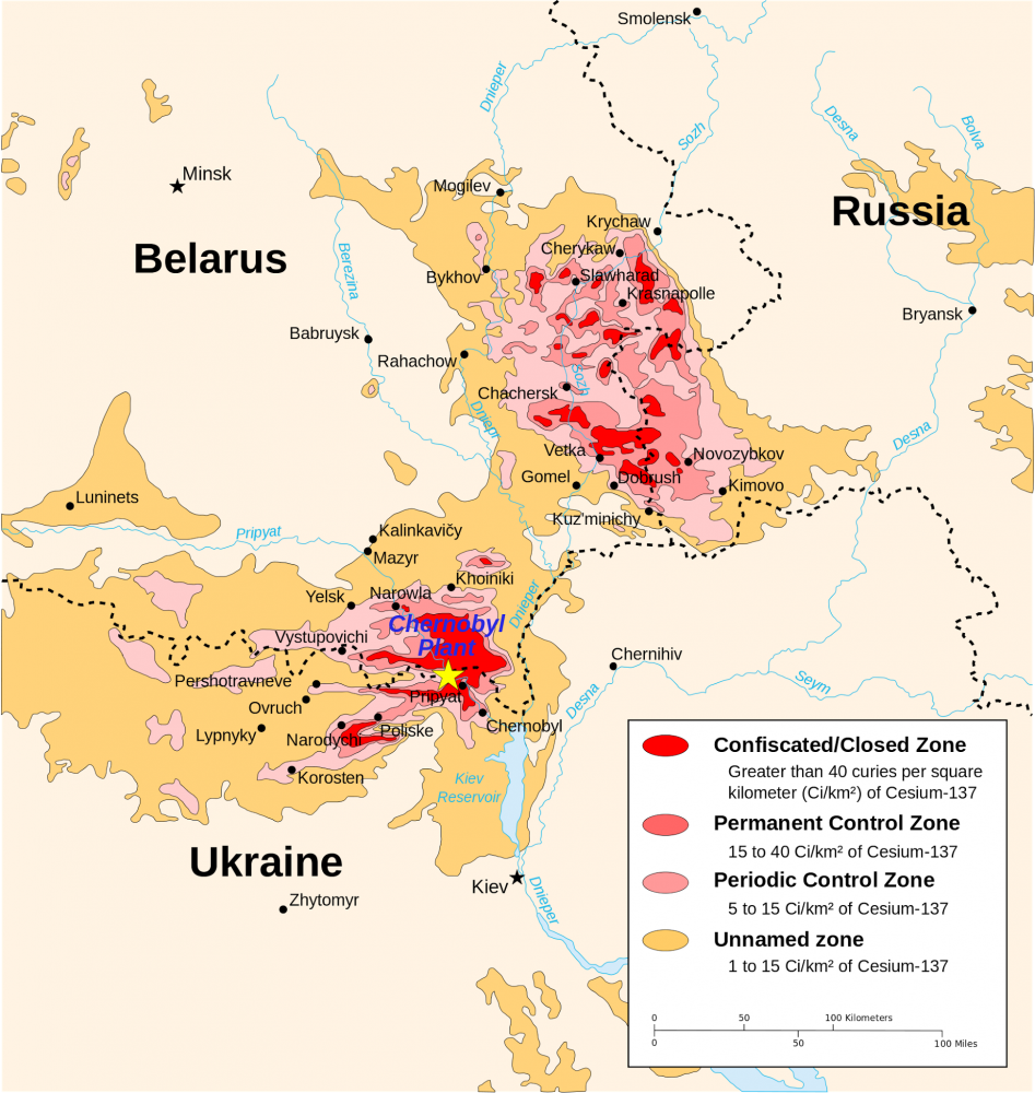 Map of contaminated territories around Chornobyl