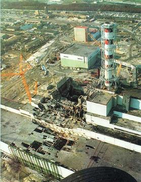 The nuclear reactor after the disaster. Reactor 4 (center). Turbine building