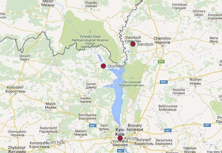Map of Slavutych and Chornobyl area