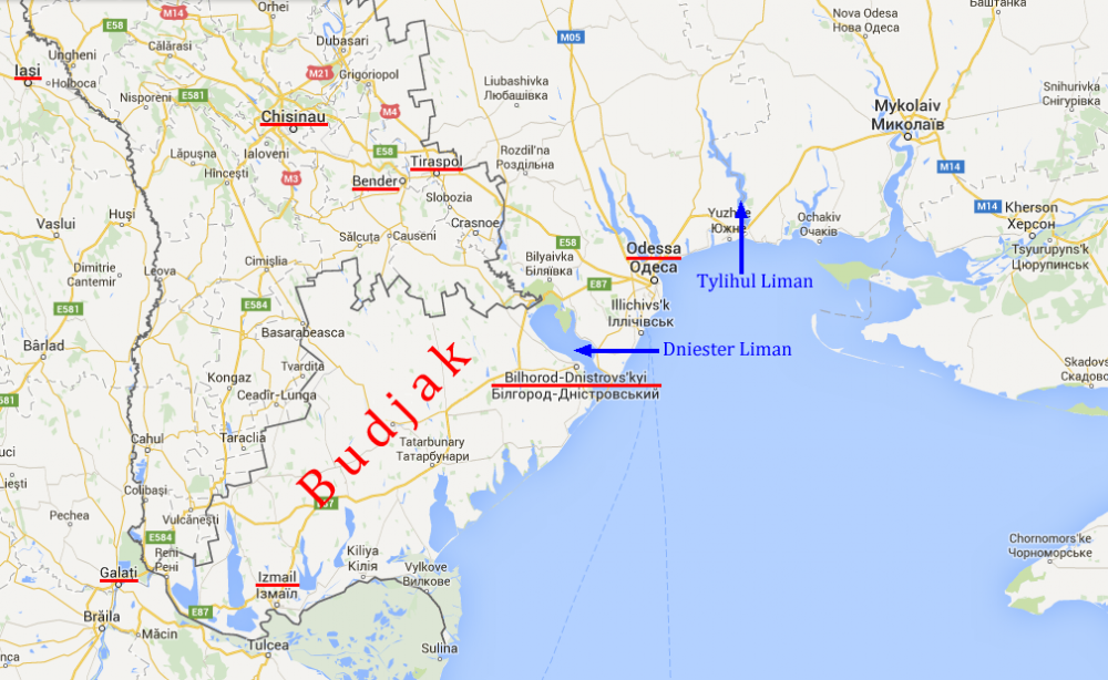 Odessa, Moldova and Budjak key locations marked in red and blue