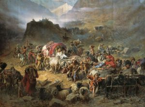 "Highlanders Leaving Their Village" by Petr Gruzinsky shows the deportation of Circassians, the indigenous peoples of the region from their homeland at the end of the Russo-Circassian War by victorious Russia. The expulsion was launched before the end of the war in 1864 and it was mostly completed by 1867. The peoples involved were mainly the Circassians (Adyghe), Ubykhs, Abkhaz, and Abaza. (Image: Wikimedia)