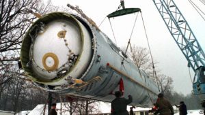 Disassembly of a Ukrainian nuclear missile SS-19 for following destruction in 1997. Ukraine's nuclear disarmament took place under the 1994 Budapest Memorandum on Security Assurances, providing security assurances against threats or use of force against the territorial integrity or political independence of Ukraine by its signatories, Russia, the United States of America, and the United Kingdom. China and France provided somewhat weaker individual assurances in separate documents. (Image: AP)