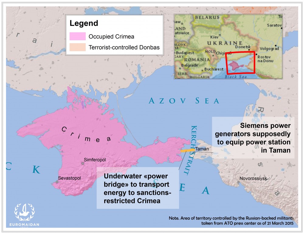 The power generators are planned to be shipped to Taman, divided by the narrow Kerch from Crimea. Map by Euromaidan Press