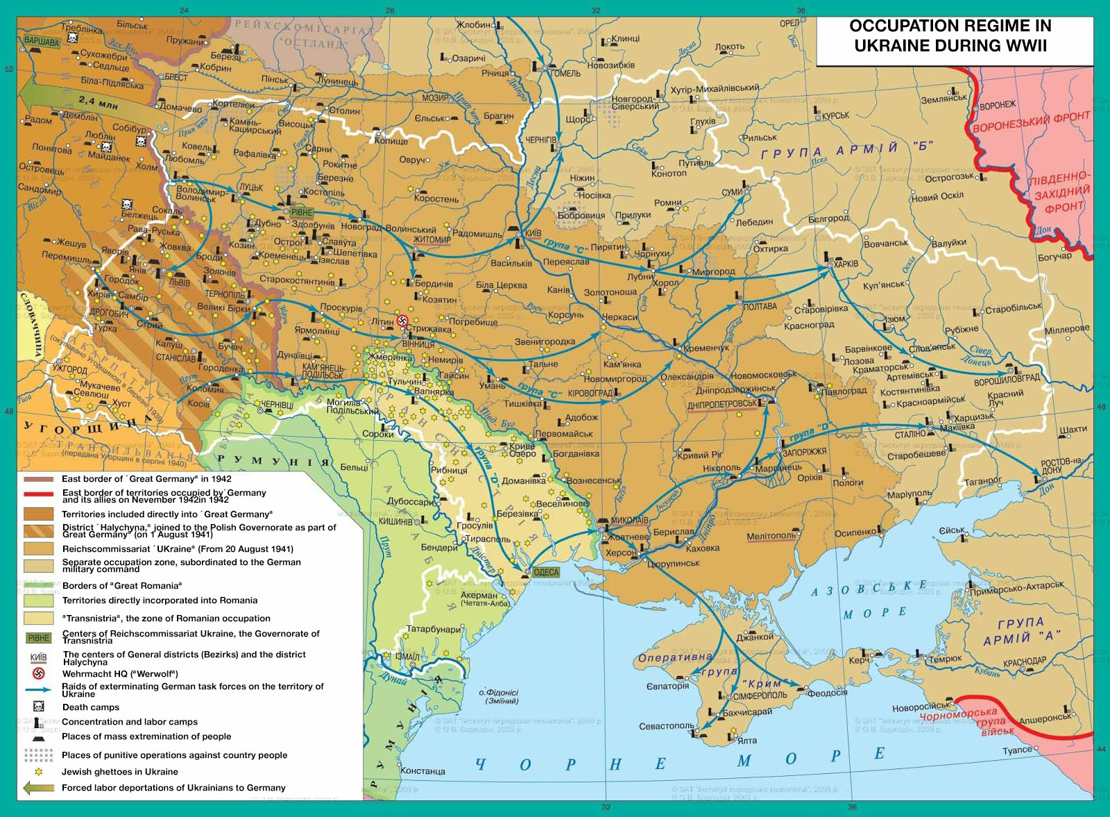 A map showing how the Germans were going to divide and rule Ukraine. Under German colonial plans approved by Himmler, Crimea was going to be renamed either Gotengau or Gottland and Simferopol as Gotenburg. Sevastopol was also going be renamed Theodorichshafen. Hitler wanted German names that commemorated the Crimean Goths so that he could stamp a false legitimacy claim which in his mind stretched back 2000 years. Hitler in his Table-talks also fantasised that Crimea would become a “German Riviera.”