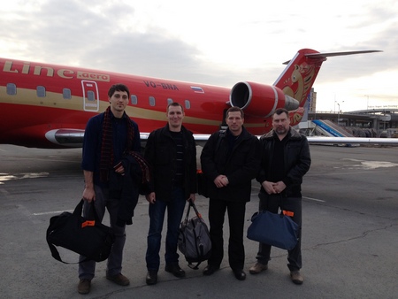 The arrival of the "delegation" of the Russian Imperial Movement in Simferopol, Crimea, 28 February 2014. Stanislav Vorobyov is on the far right