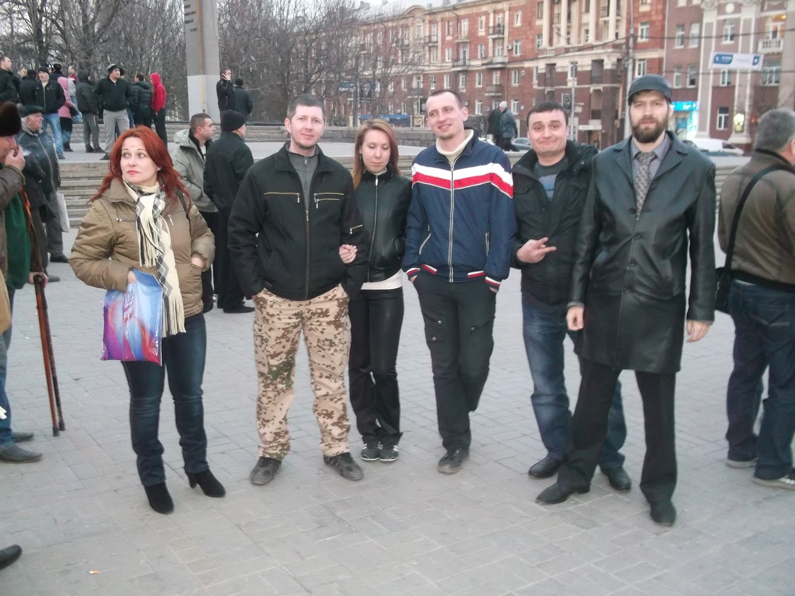 The "delegation" of the Russian Imperial Movement with the activists of the "Donetsk Republic", Donetsk, Ukraine, 14 March 2014. Nikolay Trushchalov is on the far right