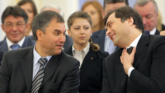 Volodin (left) and Surkov (right) look like BFFs in this picture. Who would have thought there's infighting between them over running Donbas?