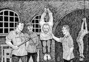 'Third degree interrogation' from Drawings from the GULAG by Danzig Baldaev, a former GULAG prison guard.