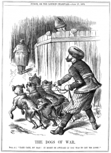 Punch Magazine (UK) cartoon from 17 June 1876. Russian Empire preparing to let slip the Balkan "Dogs of War" to attack the Ottoman Empire, while policeman John Bull (UK) warns Russia to take care. Supported by Russia, Serbia and Montenegro declared war on the Ottoman Empire the next day. These clashes eventually triggered the Russo-Turkish War of 1877–1878. (Image: Wikipedia)