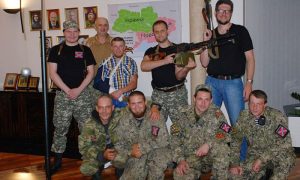 Anton Guryanov, standing at the far right, pictured alongside "Motorola" and DNR founder Pavel Gubarev