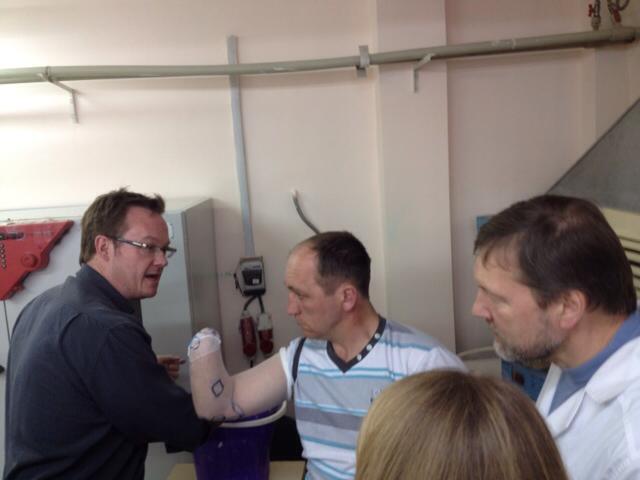 Chad Nilson provides training to Ukrainian doctors at Lviv State Prosthetic Facility, April 2016. Photo provided by Antonina Kumka