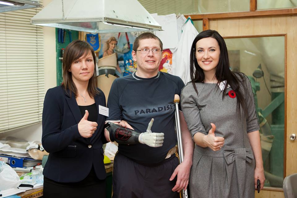 From left to right: Antonina Kumka, Ukraine Prosthetic Assistance Project director, Vasyl Stuzhenko, soldier of the "Kryvbas Battalion", Solomiya Vitvitska, Ukrainian journalist. Kyiv, May 2015. Photo from https://www.facebook.com/S.Vitvitska