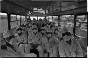 Workers of the Chornobyl Nuclear Power Plant on the way to the Exclusion Zone, 1986 (Image: "Чернобыльская молитва" via belaruspartisan.org)