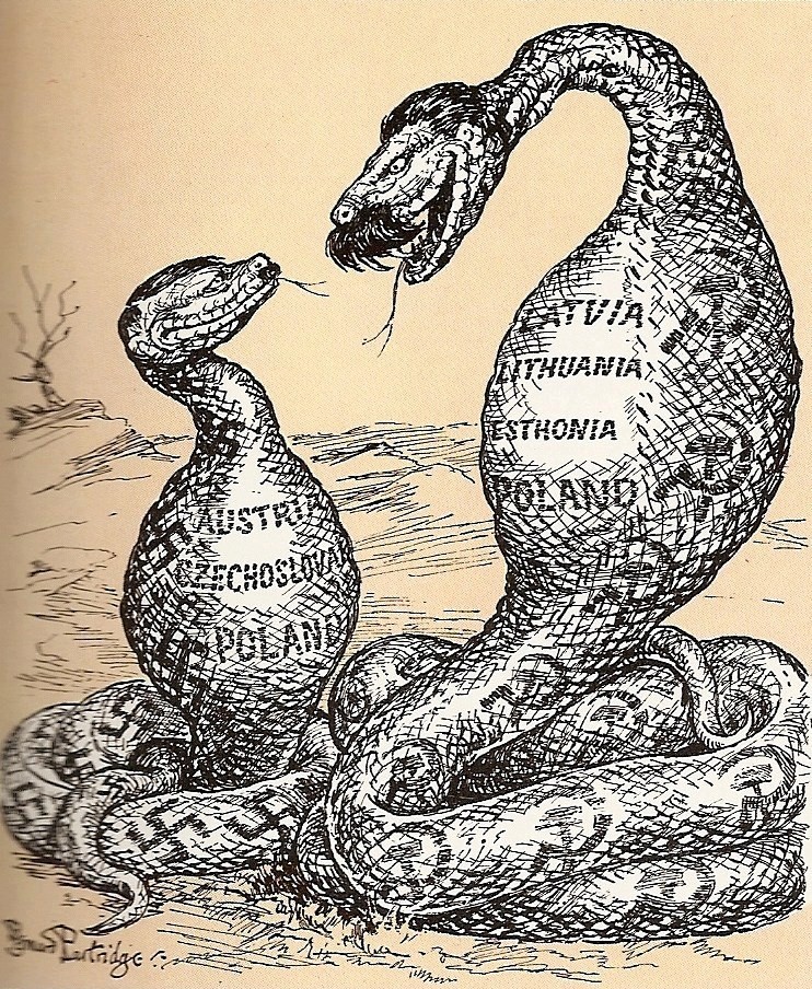 The Two Constrictors. "I don't know about helping you, Adolf, but I do understand your point of view." A cartoon by Bernard Partridge at Punch-Magazine, 1939