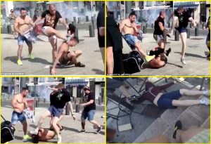 A fresh round of violence by Russian football/soccer fans in the center of Lille, France. A British fan on the ground is being cruelly drop-kicked in the head multiple times by the Russian gang (Image: social media)