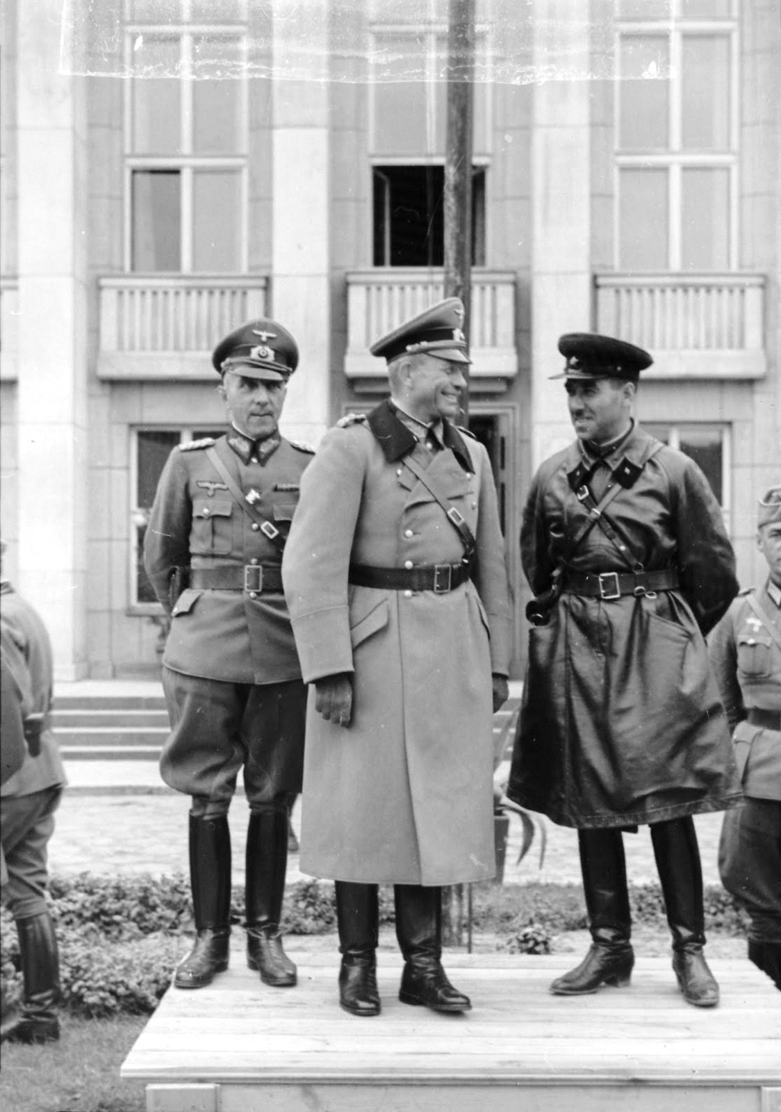 German general Heinz Guderian and Soviet brigade commander Semion Krivosheyin during the joint parade in occupied Brest-Litovsk to celebrate the transfer of the city from the German to Red Army troops. General Mauritz von Wiktorin on left, Sept. 22, 1939