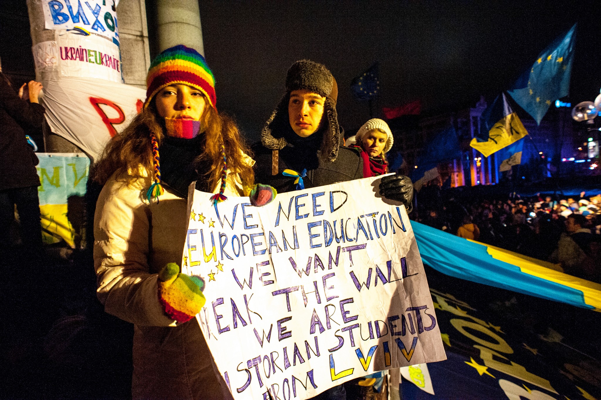 Students supporting the Euromaidan, with demands of European values in Ukraine, specifically educational. November 26, 2013.