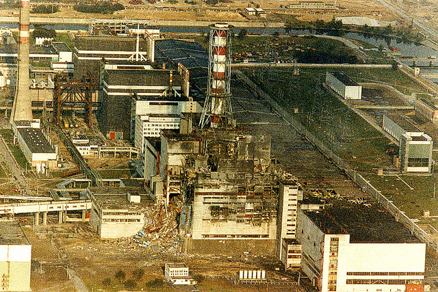 Aerial view of destroyed Chernobyl reactor after the accident in 1986 showing the extent of the damage caused. Photo: EBRD Flickr
