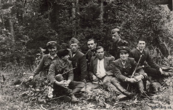 Luka Hrynishak (Dovbush) (5th from left) with UPA partisans, 1950 