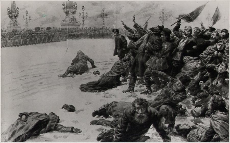 Artistic impression of Bloody Sunday in St. Petersburg, Russia (22 January, 1905), the precursor of the armed overthrow of the Provisional Government in November 1917 (the October Revolution), which started the Russian civil war and economic collapse, replacing the monarchy with a communist totalitarian regime.