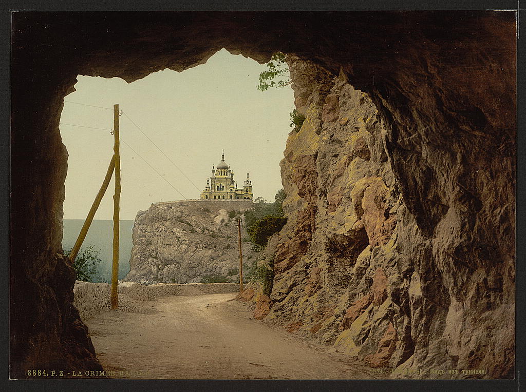 A view of the church in Baidar from the tunnel. Crimea, Ukraine circa 1890-1900. Image: Detroit Publishing Company via the Library of Congress