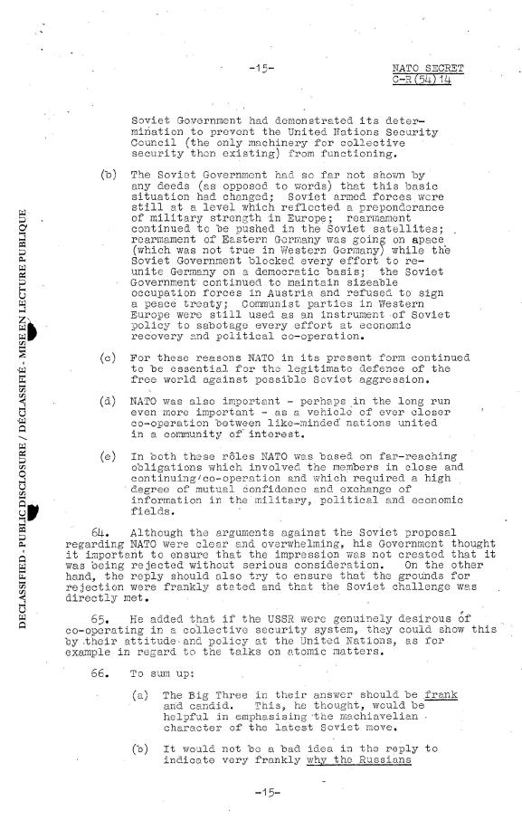 Discussion of the Soviet proposal. Minutes of the meeting on 7 April 1954. Source: archives.nato.int