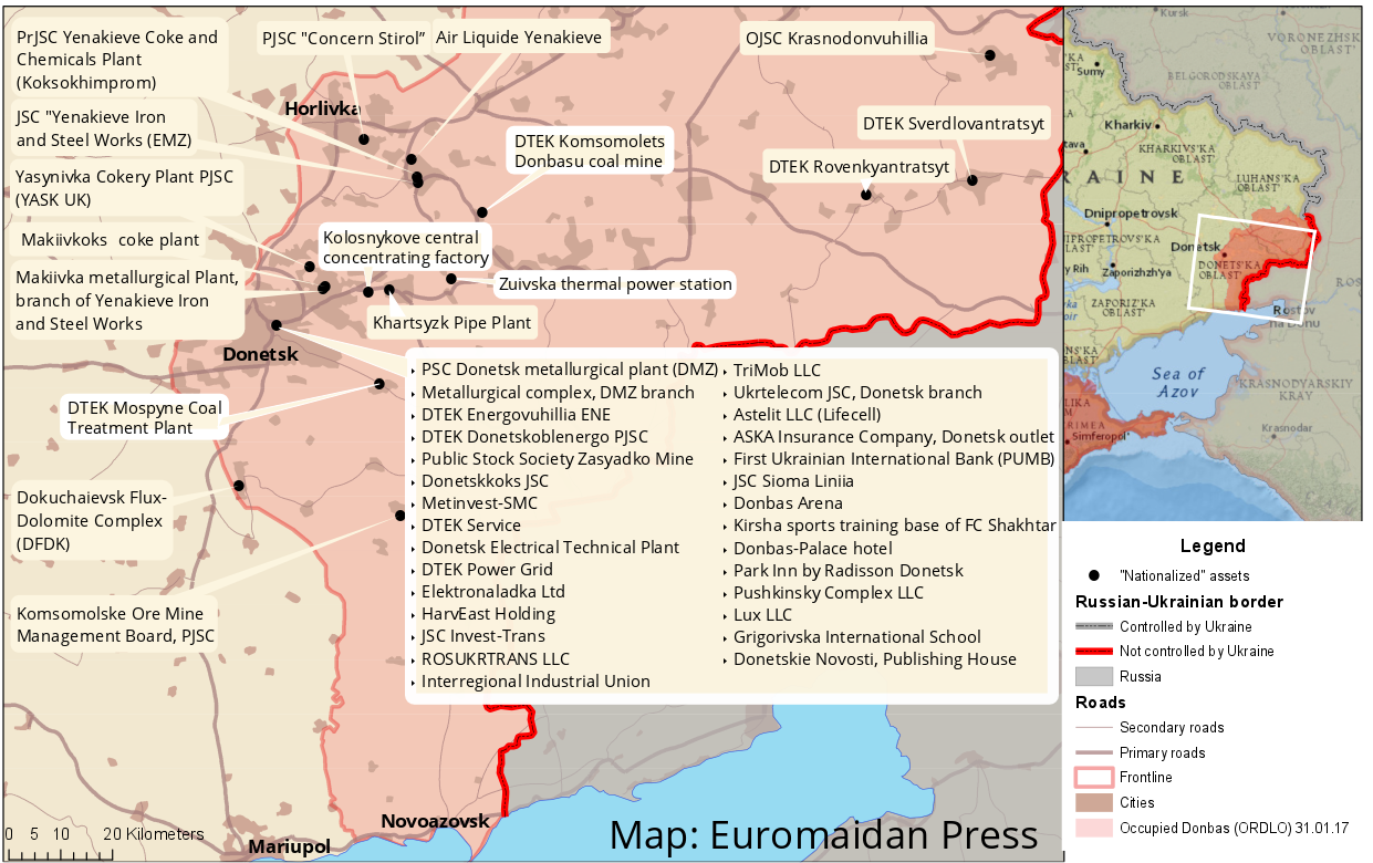 Ukrainian assests in the Donbas "nationalized" by so-called LNR and DNR on March 1, 2017. Map: Euromaidan Press. High-resolution image.