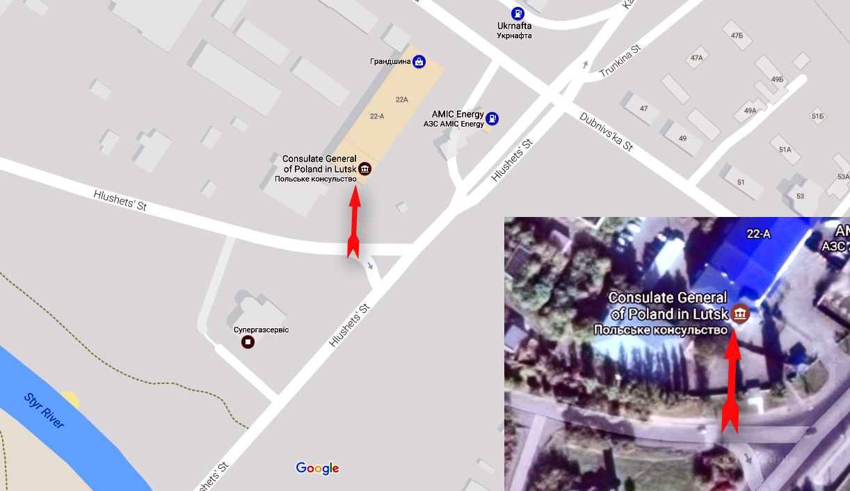 Attack on Poland's consulate general in Lutsk at 00:30 on March 29, 2017. Red arrow shows the direction of the attack. Map: Google Maps