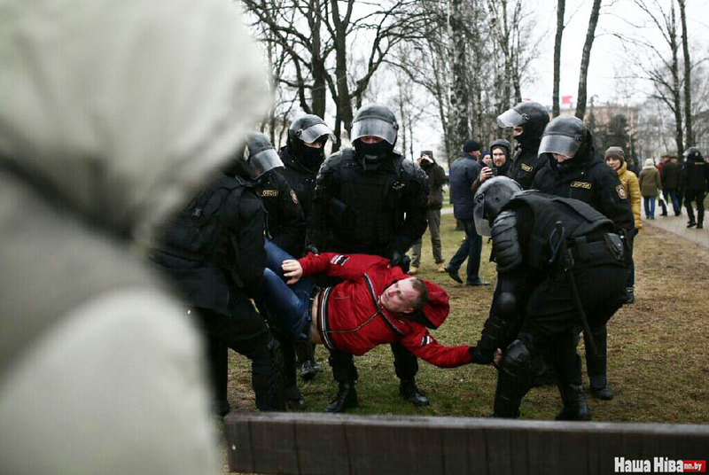 The riot police detains a protester in Minsk, Belarus on March 25, 2017. (Credit: NN.By)