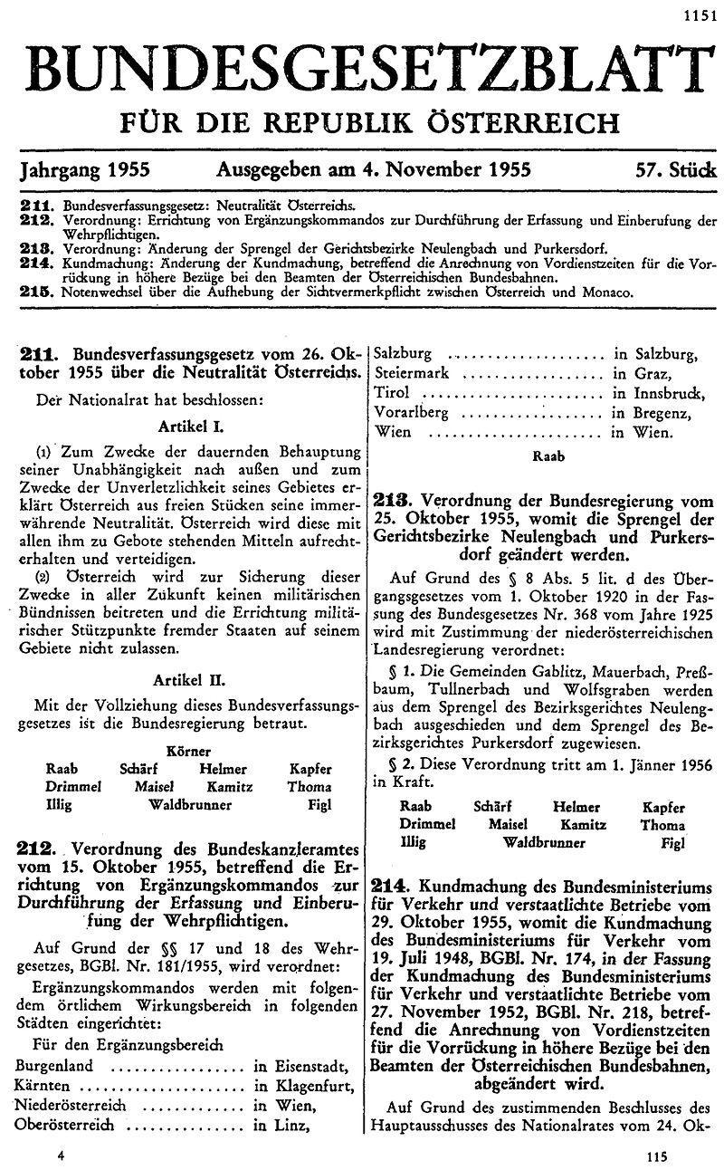 The Bundesgesetzblatt containing the Federal Constitutional Law on the Neutrality of Austria.