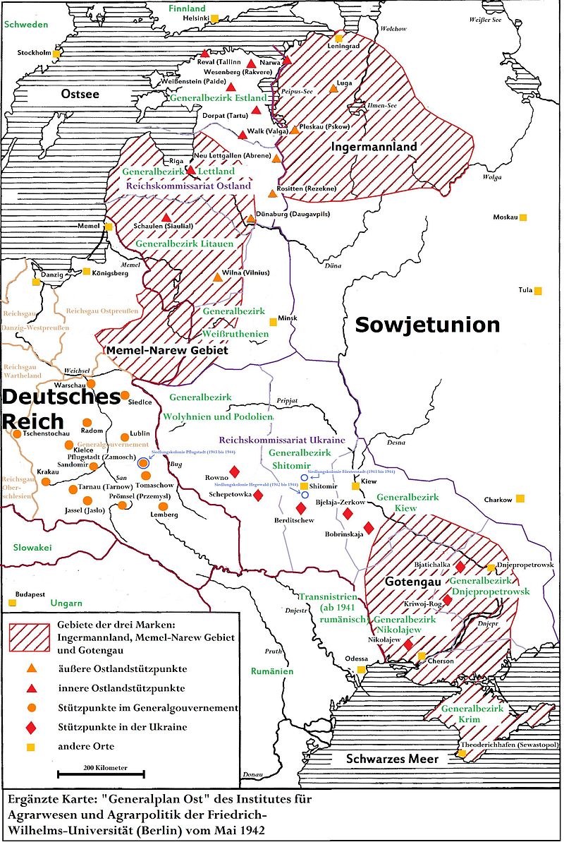 Plan of new German settlement colonies (marked with dots and diamonds), drawn up by the Friedrich Wilhelm University Institute of Agriculture in Berlin, 1942, covering the Baltic states, Poland, Belarus, Ukraine and Crimea. Image: John Nennbach, wikimedia commons