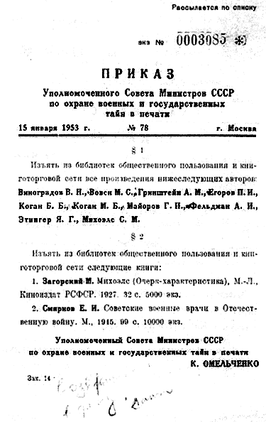 Shortly before Stalin’s death in 1953, the Soviet government ordered to remove all the books by Jewish authors charged in “Doctor’s Plot” case along with the publications on Soviet Jewish intelligentsia, under the pretext of “protecting military and state secrets”