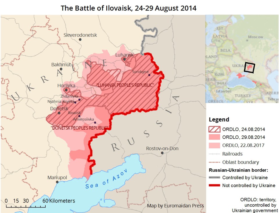 Map of the Battle of Ilovaisk. The territory uncontrolled by the Ukrainian forces (ORDLO) rapidly expanded over 24-29 August 2014 as a result of a Russian incursion. In the following months, the Russian-backed separatists won more ground and secured roughly the territory that the Russian proxy “Donetsk and Luhansk People’s republics” occupy today.