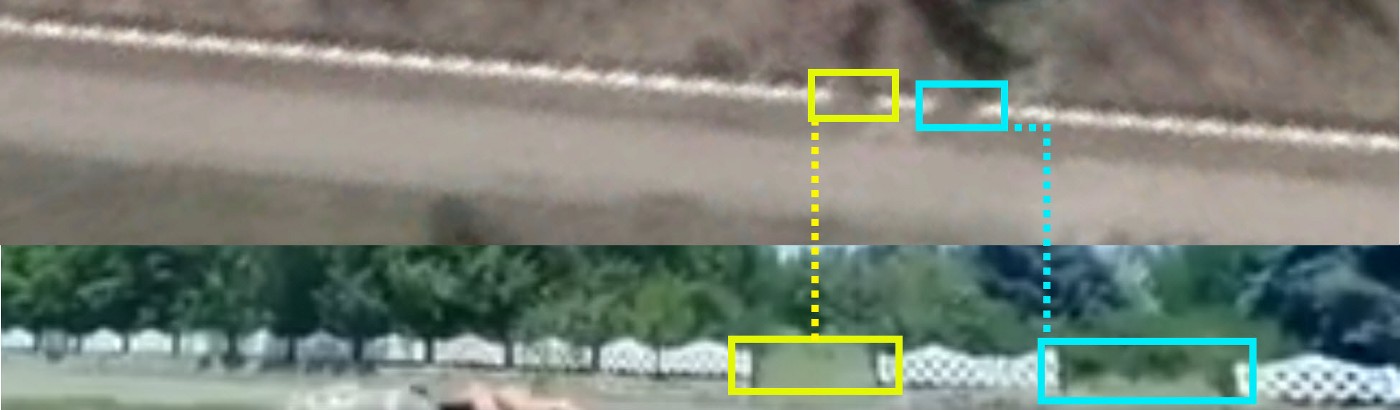 Detail of a series of white fences next to the house seen at the end of the clip, with two noticeable gaps directly in front of the camera. Top image from satellite imagery by Google Earth, bottom from Facebook video by Vyshnivetskyi. Comparison: DFRLab