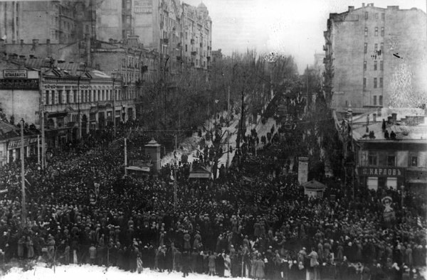 Revolutionary manifestations near Khreschatyk street in Kyiv, Ukraine, March 1917. These were the days of the emergence of the Central Rada, the all-Ukrainian council that united the political, public, cultural and professional organizations of the to-be Ukrainian People's Republic