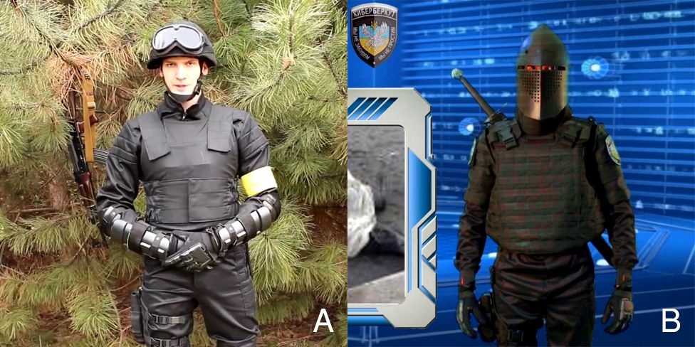 A: One of Daliant Maksimus's gears. B: A Cyber-Berkut "knight" in a similar uniform and gloves. Combined image: BBC Russian